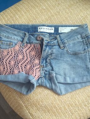 Bull Head Light Blue Denim Roll-Up Shorts with Pink Crochet Panel